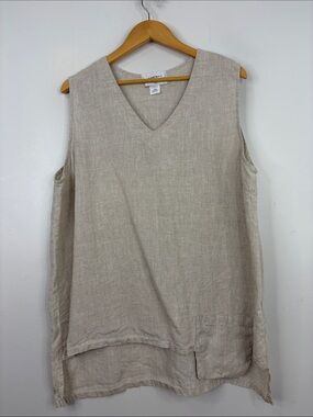 LA Fixsun Linen Top Womens Large Beige Flax Sleeveless V Neck Tunic Pocket Loose
